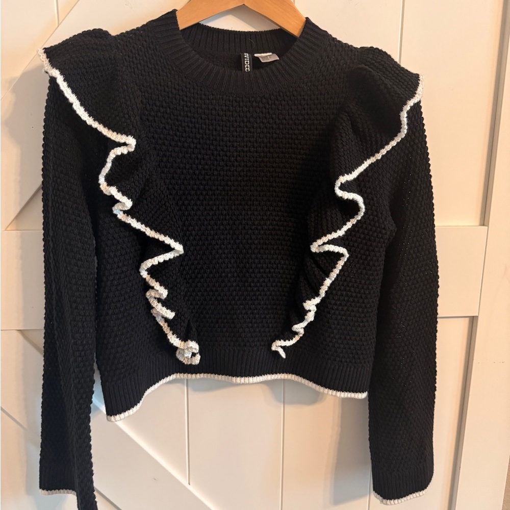 H&M Black Sweater with White Ruffles XS Divided